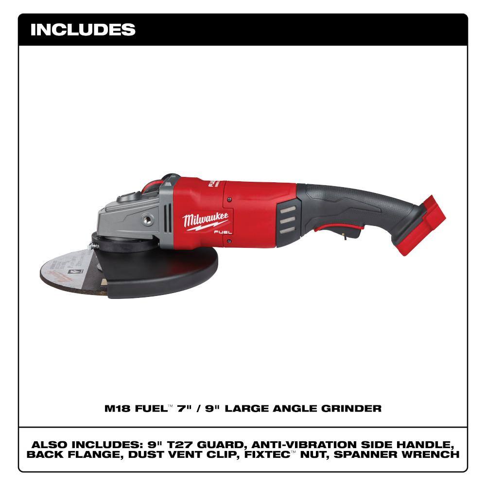 MW M18 FUEL 18-V Lithium-Ion Brushless Cordless 7 in.9 in. Angle Grinder with 12 in. Hammer DrillDriver 2785-20-2904-20