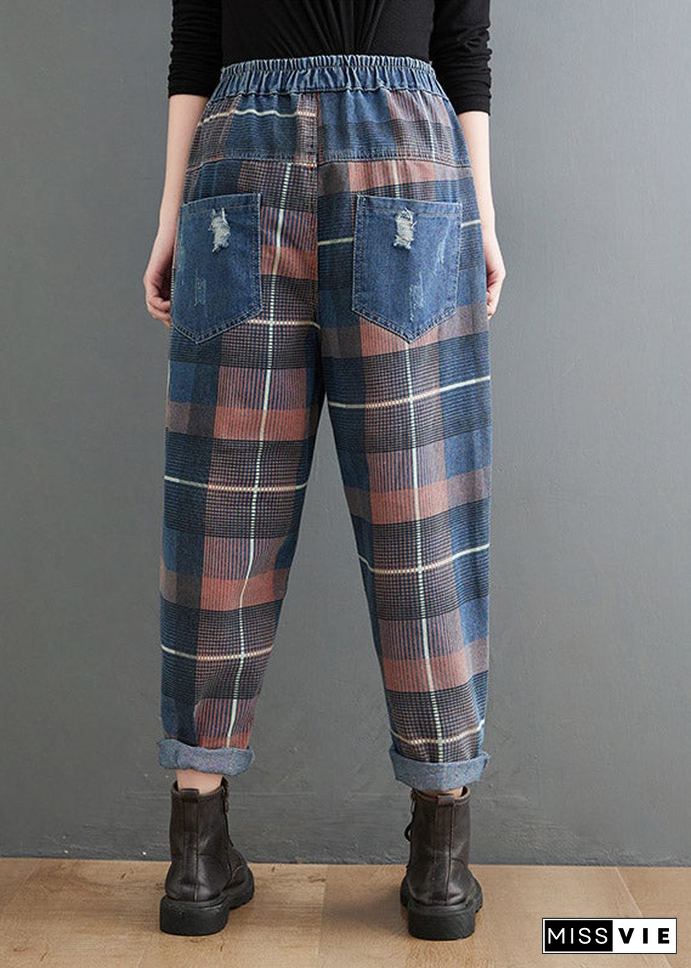 Style Blue Plaid Pockets elastic waist Patchwork Denim Pants Spring