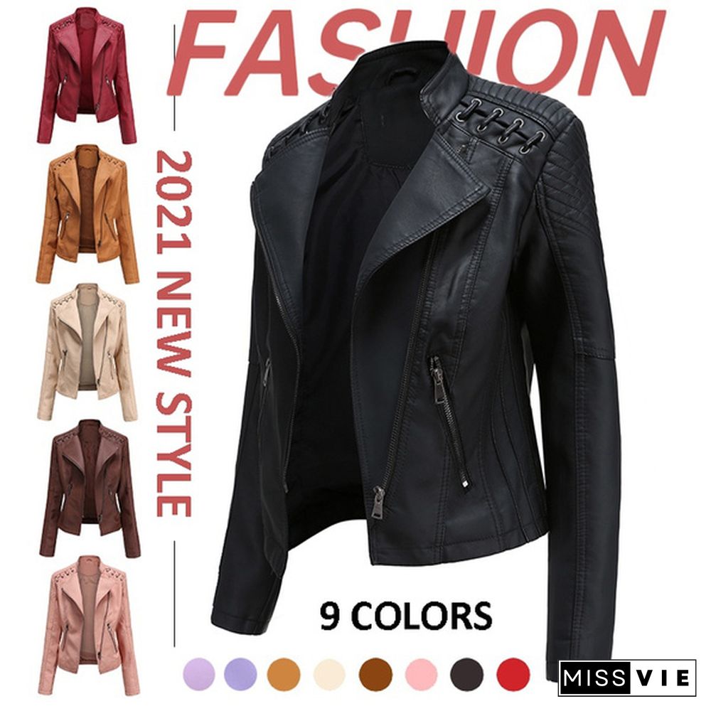 New Autumn Women Leather Slim Stand-up Collar Jacket Female Zipper Solid Long-sleeved Faux Leather Motorcycle Coat