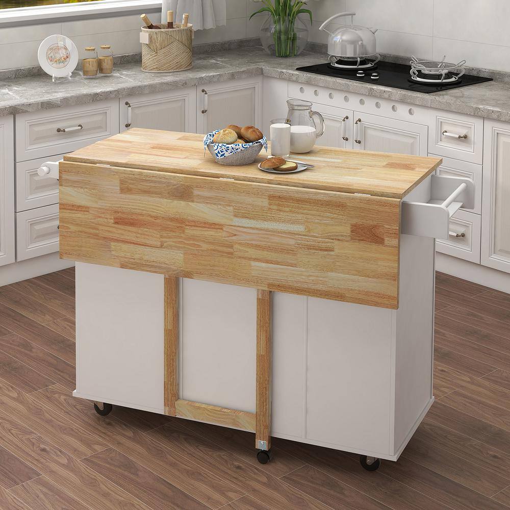 Hooseng Fragemen White Kitchen Island with Drop Leaf and Storage KIMW282S000291