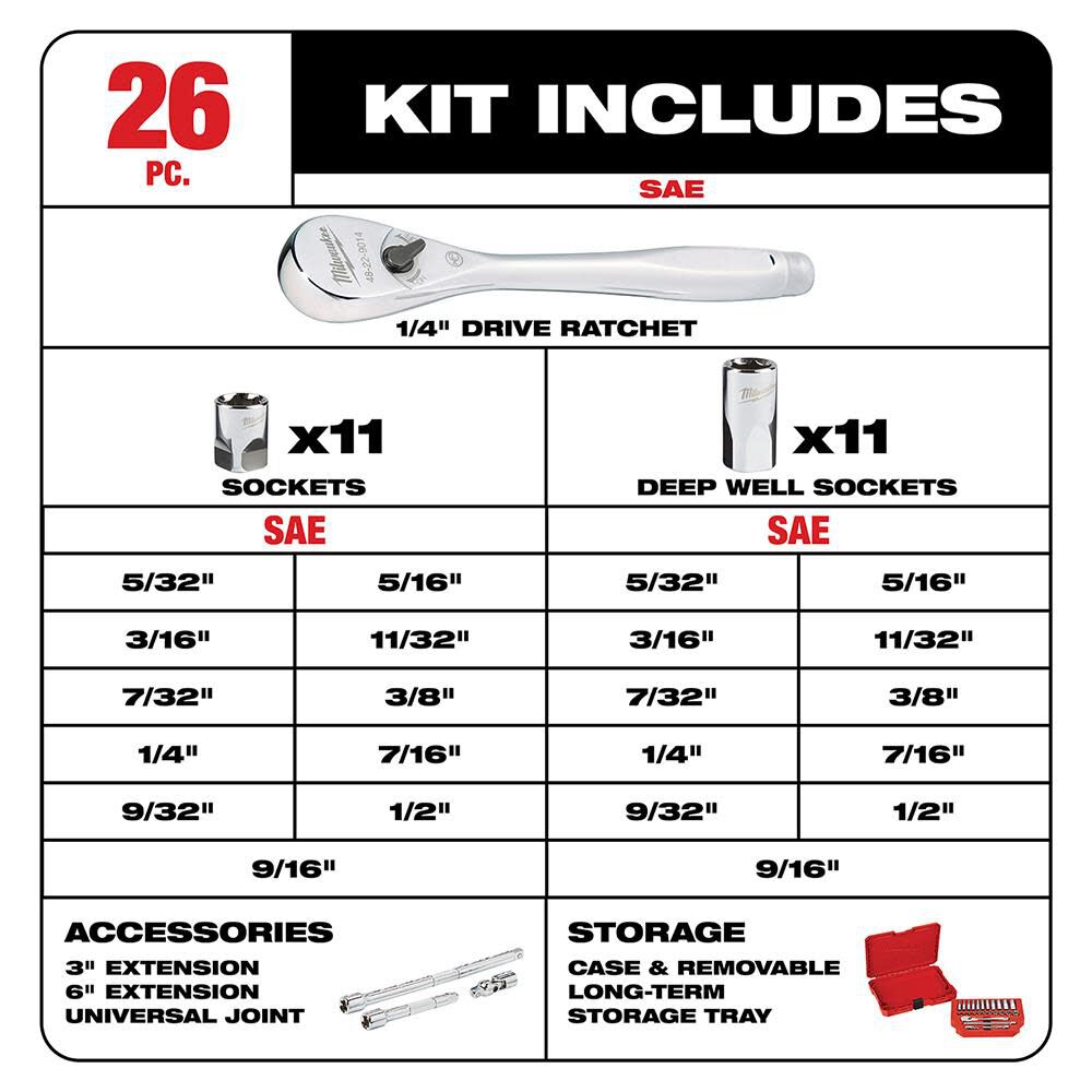 MW 1/4 in. Drive 26 pc. Ratchet and Socket Set - SAE 48-22-9404 from MW