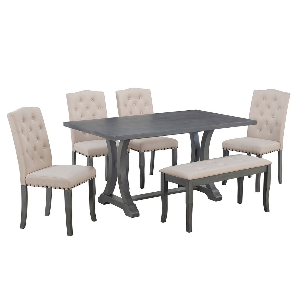 6 Piece Farmhouse Dining Table Set  Rectangular Trestle Table and 4 Upholstered Chairs   Bench for Dining Room