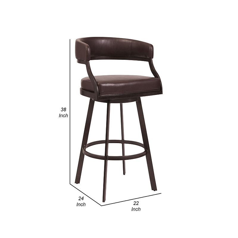 Ava 26 Inch Swivel Counter Stool， Curved， Faux Leather， Auburn Brown