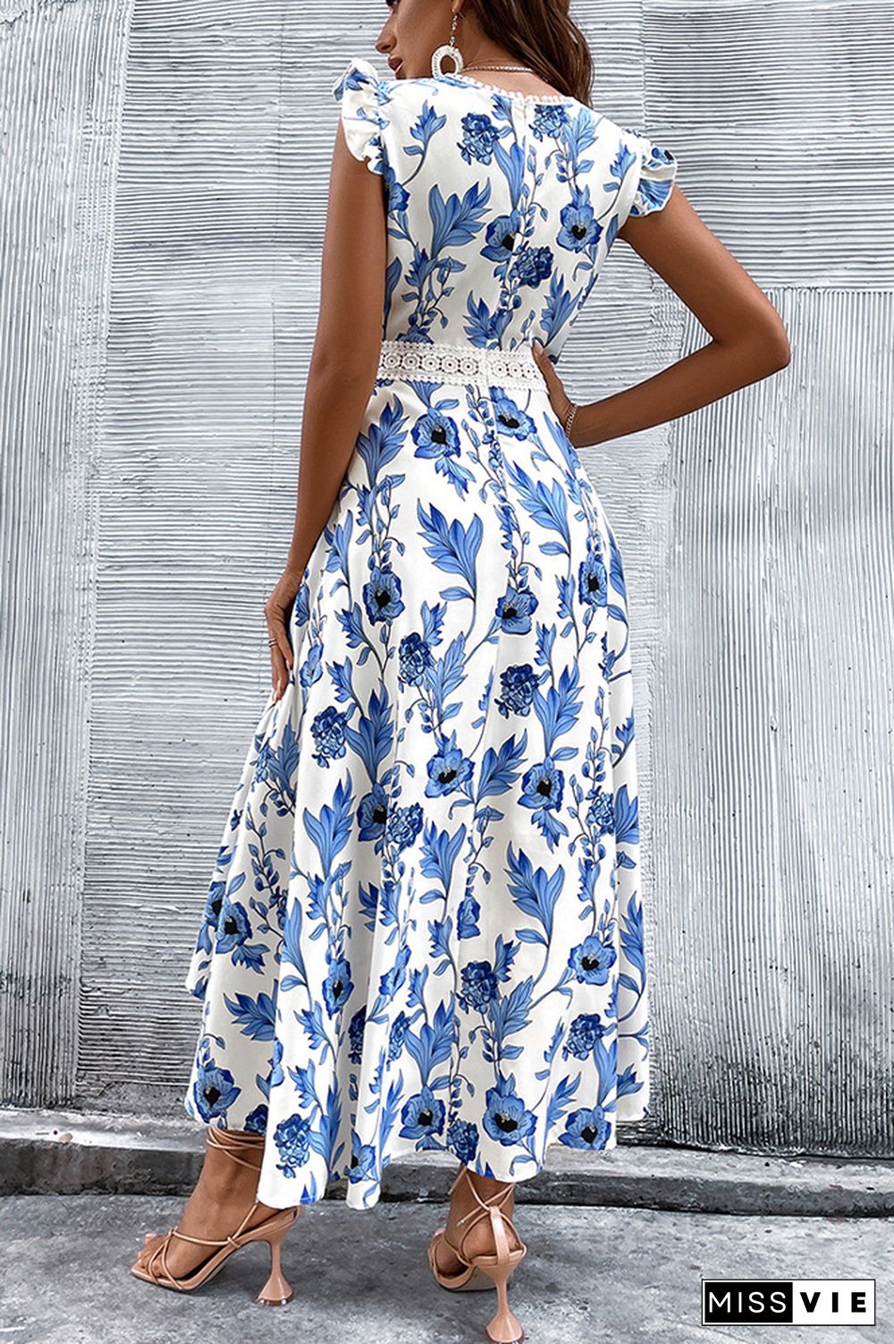 Blue Floral Print Sleeveless Dress Wholesale