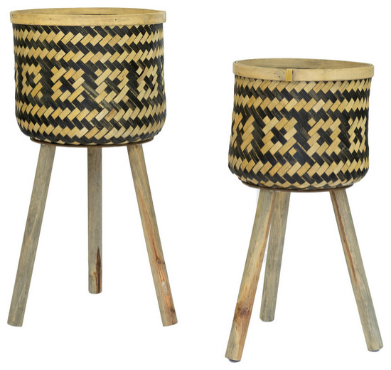 Set of Two Woven Blk  ampNat Bamboo Plant Stands W Wood Legs   Asian   Plant Stands And Telephone Tables   by First of a Kind USA Inc  Houzz