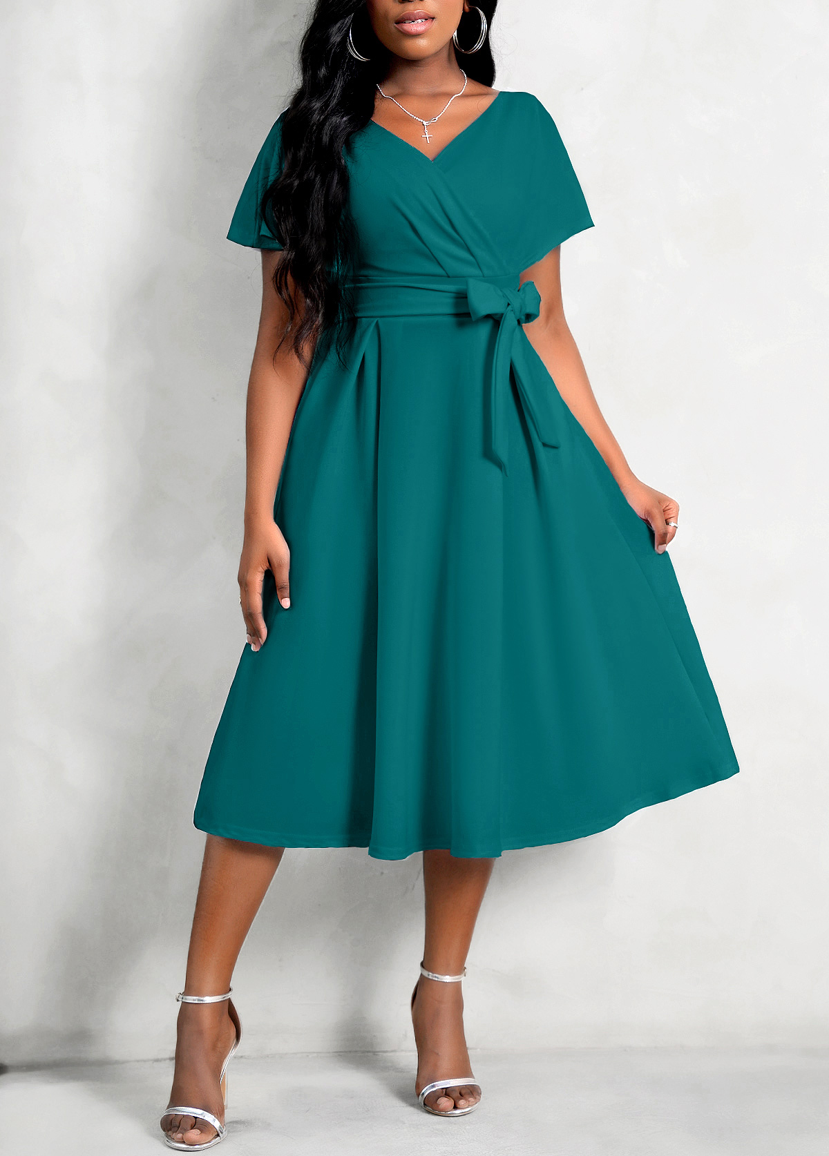 Short Sleeve V Neck Belted Dress