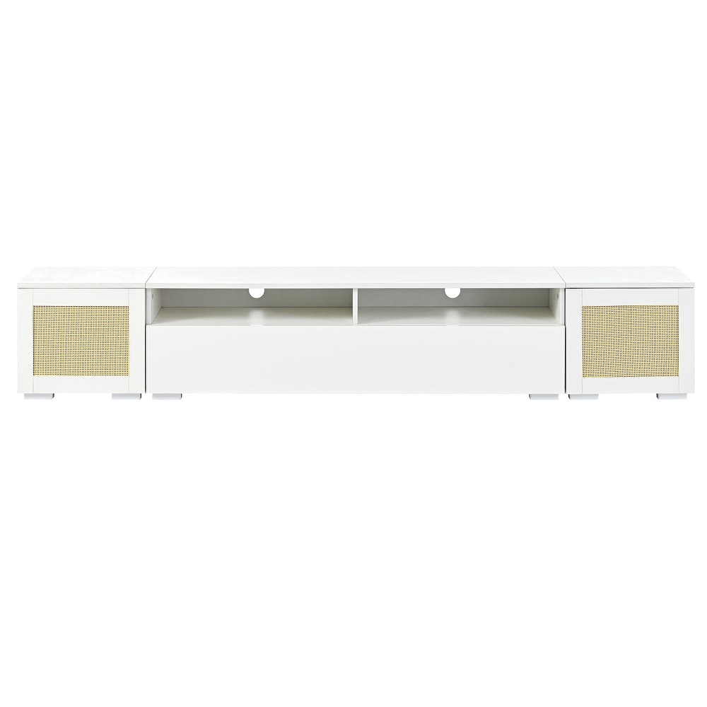 Rattan 3 pics Extended TV Console Table with Push to Open Doors  Color Changing LED Lights