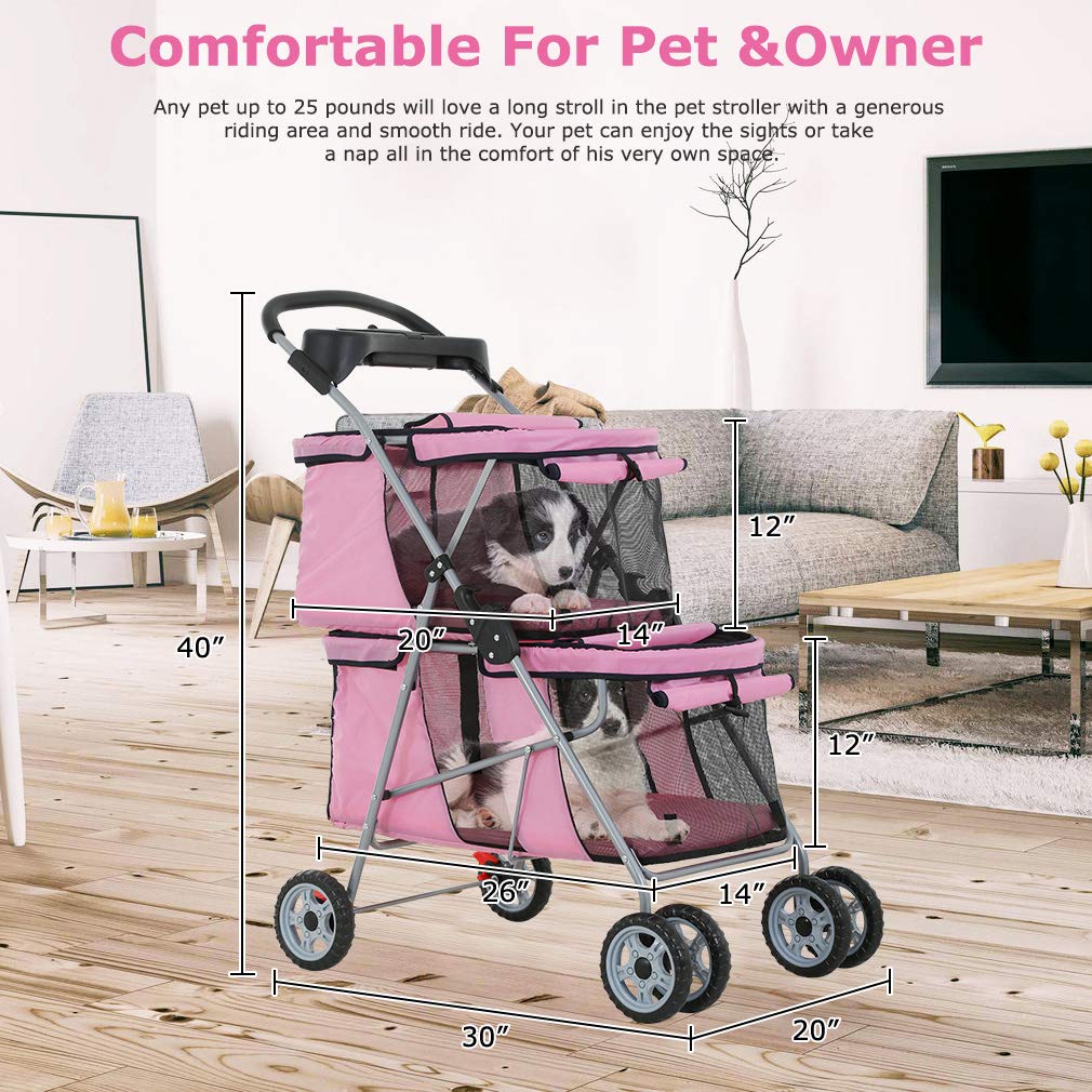 Dog Stroller Cat Stroller Pet Carriers Bag Jogger Stroller for Small Medium Dogs Cats for Travel Camping with 4 Wheels， Soft Pad， Pink