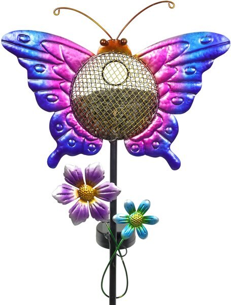 Exhart Solar Hand Painted Butterfly Metal Mesh Pellet Bird Feeder Garden Stake