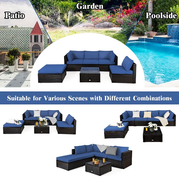 Costway 6pcs Outdoor Patio Rattan Furniture Set Cushioned Sectional Sofa Navy black turquoise