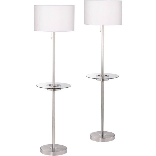 Tall Set Of 2 Brushed Nickel Usb And Outlet Off White Fabric Drum Shade For Living Room