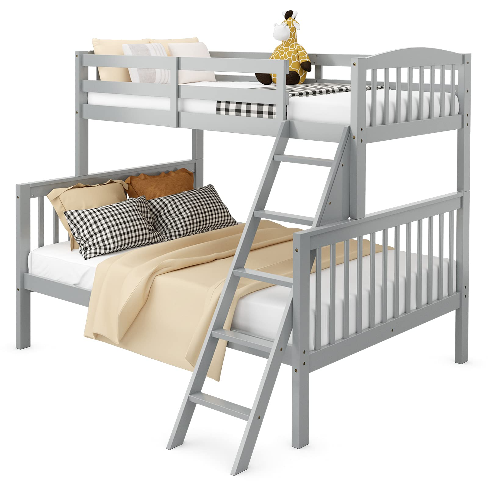 Costzon Twin Over Full Bunk Bed, Convertible Bunk Bed with Enhanced Upper-Level Guardrail and Safe Ladder