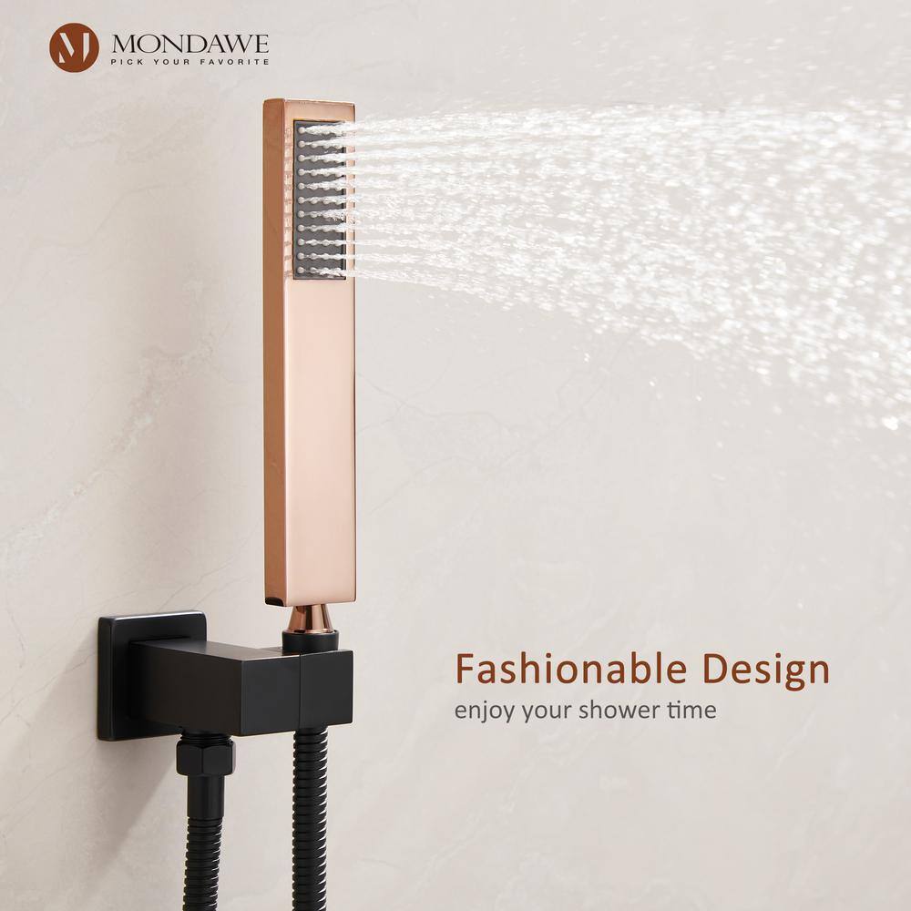 Mondawe Athens 2-Spray Patterns 10 in. Wall Mount Fixed and Handheld Shower Head 2.5 GPM in Black and Rose Gold Valve Included WF6360-10BRG