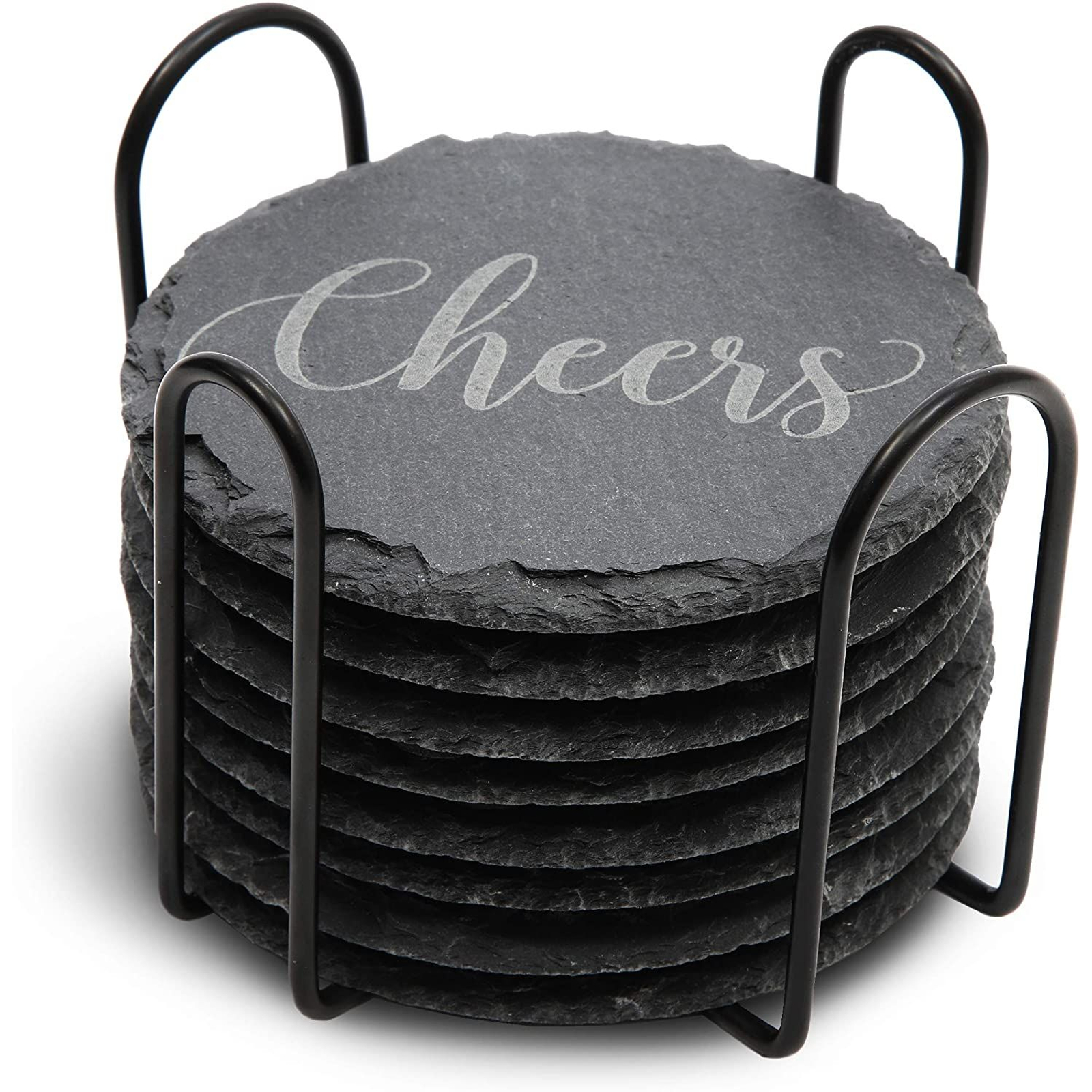 8-Pack Round Black Slate Stone Coasters Set for Drinks Cups with Steel Holder Stand 3.8-inch