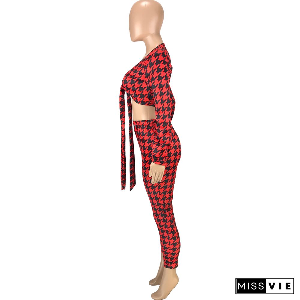 Houndstooth Print Bandage Crop Top Pants Set