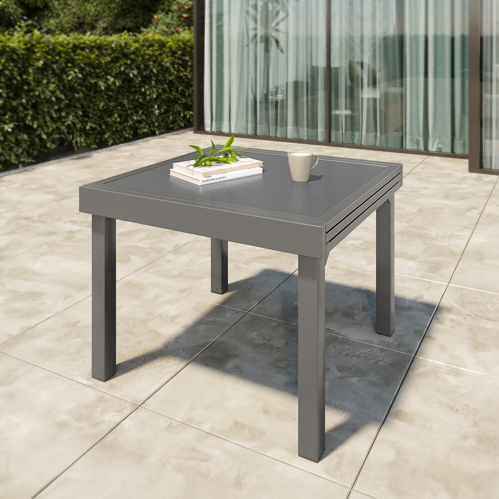 VredHom Outdoor Tempered Glass Top Aluminum Extendable Dining Table   35.4 in W x 35.4 70.9 in L x 29.5 in H