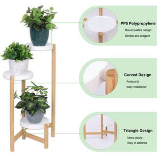 AESOME 3-Tier Bamboo Plant Stand 31.5 in. Tall Flower Pot Display Shelf Holder Nordic Style Wooden Rack with White Shelves HJ456S