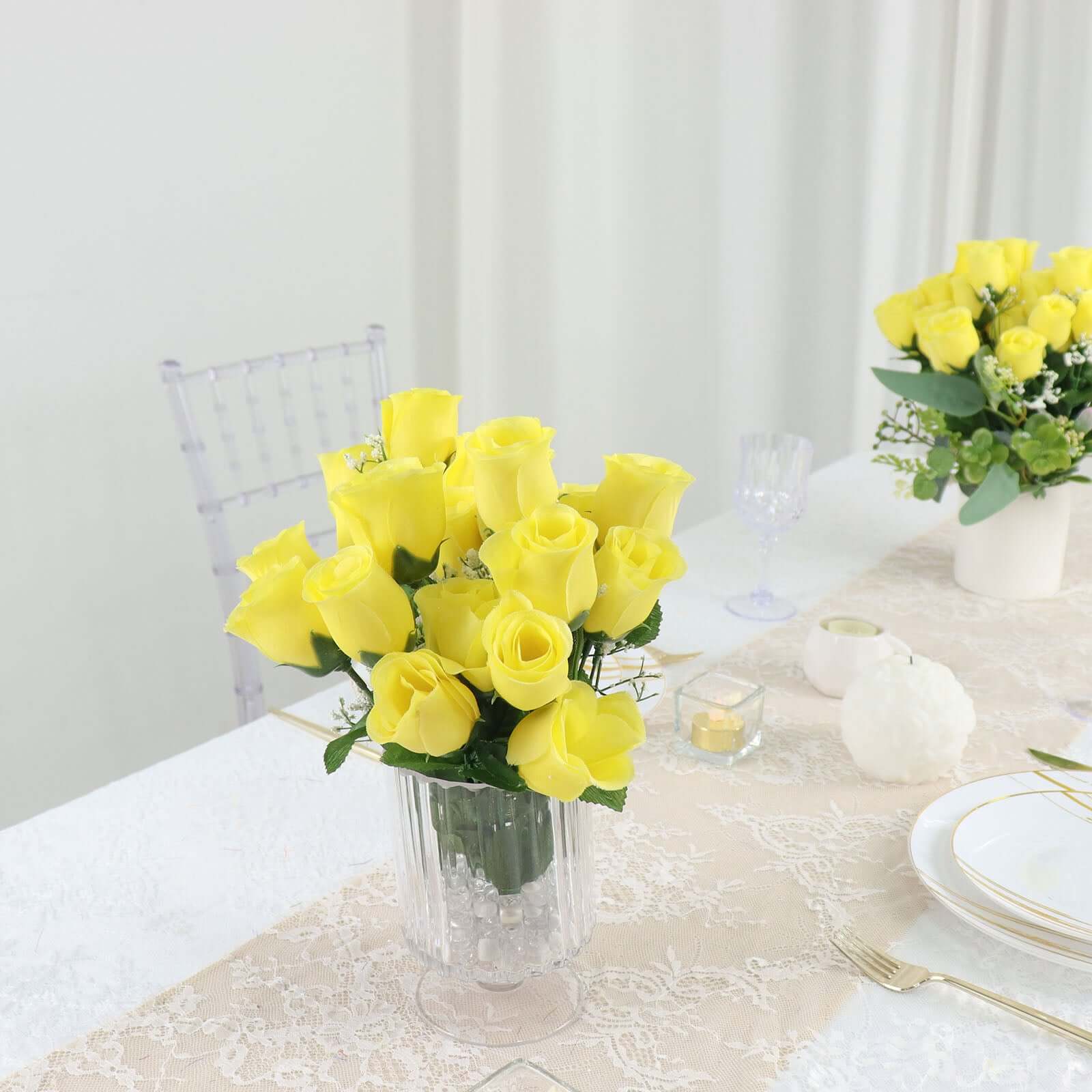 12 Bushes Yellow Artificial Premium Silk Flower Rose Bud Bouquets