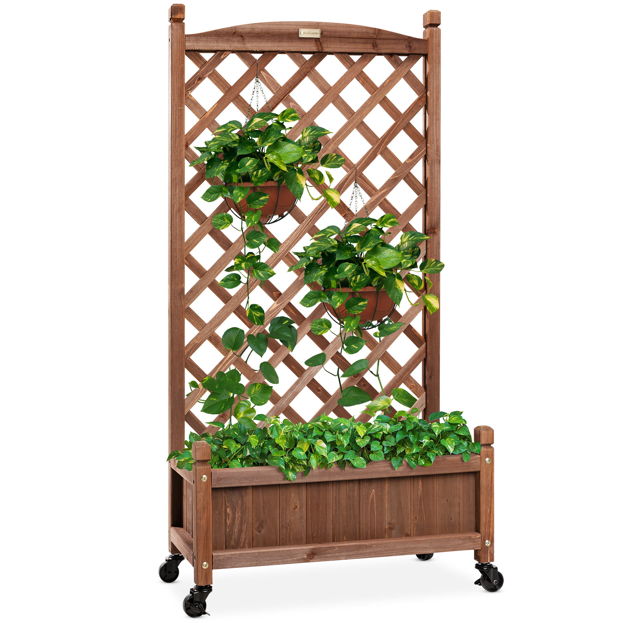 Best Choice Products 60in Mobile Wood Planter Box and Diamond Lattice Trellis， w/ Drainage Holes， Optional Wheels - Walnut