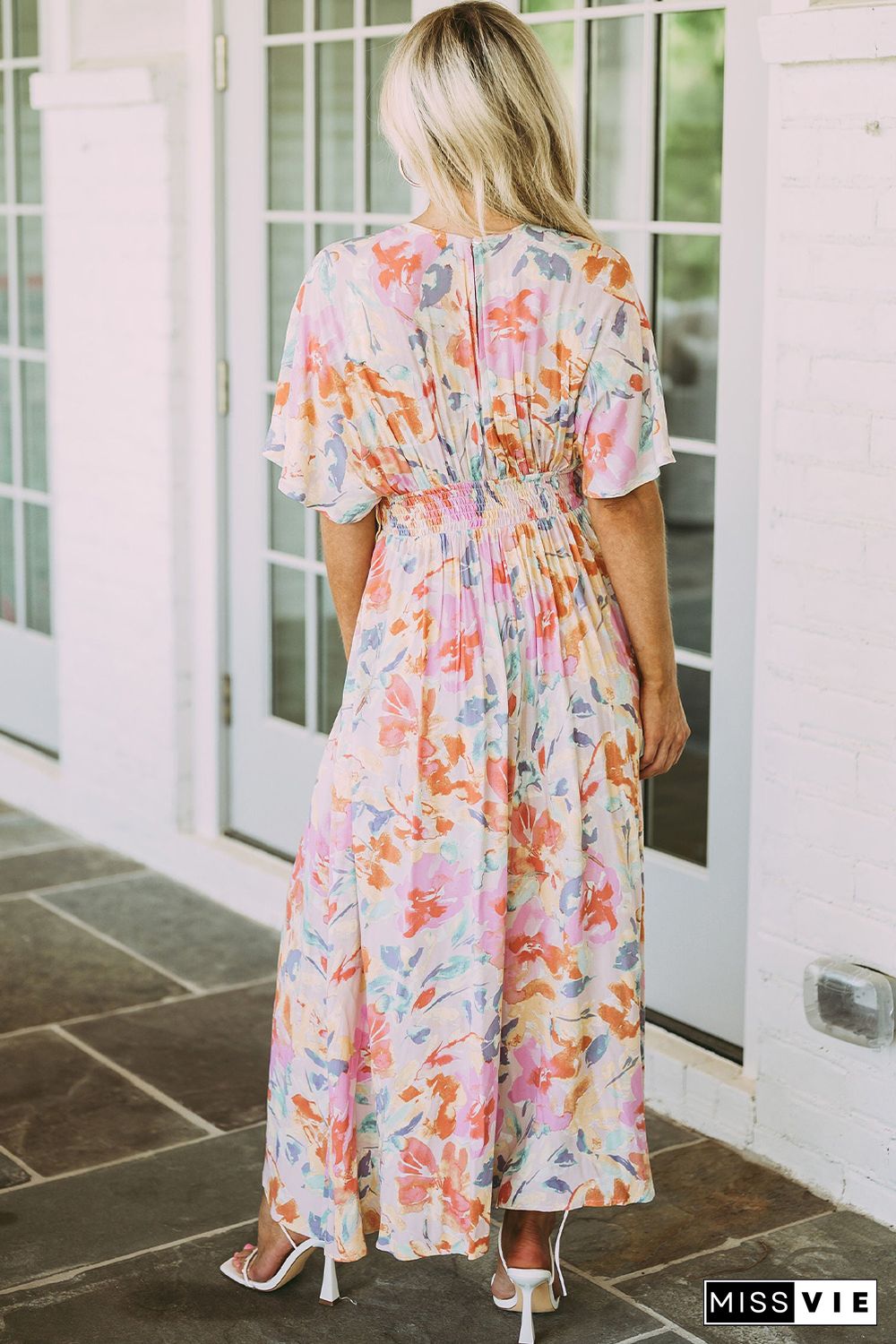 Multicolor Tropical Floral Print Ruched V Neck Maxi Dress