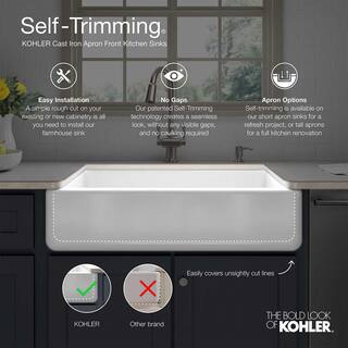 KOHLER Whitehaven Undermount Farmhouse Apron Front Self-Trimming Cast Iron 32.5 in. Single Bowl Kitchen Sink in White K-5826-0