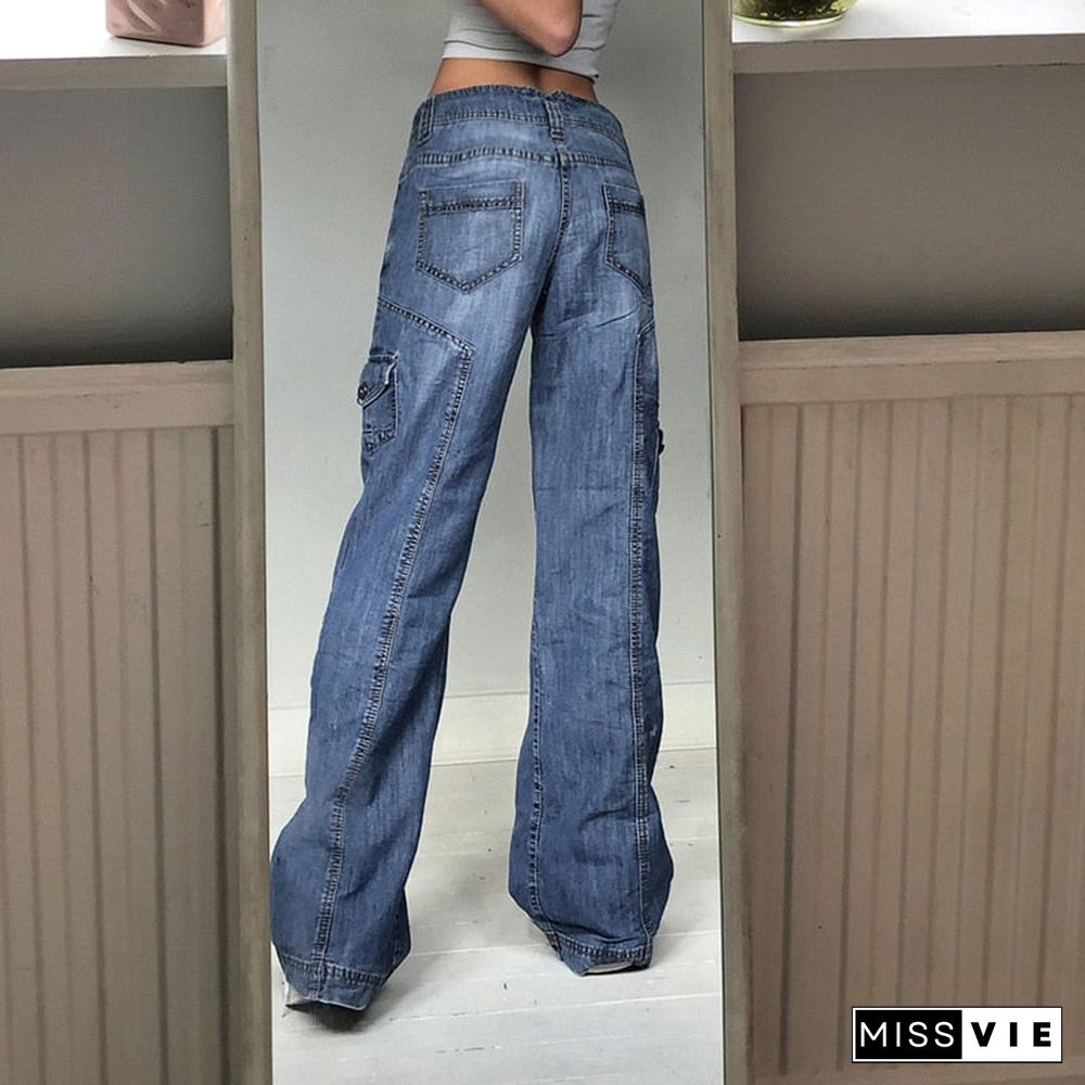 Weekeep Streetwear Women High Waist Y2k Jeans Wide Leg Pocket Patchwork Baggy Cargo Pants Oversize Casual Vintage Denim Trousers