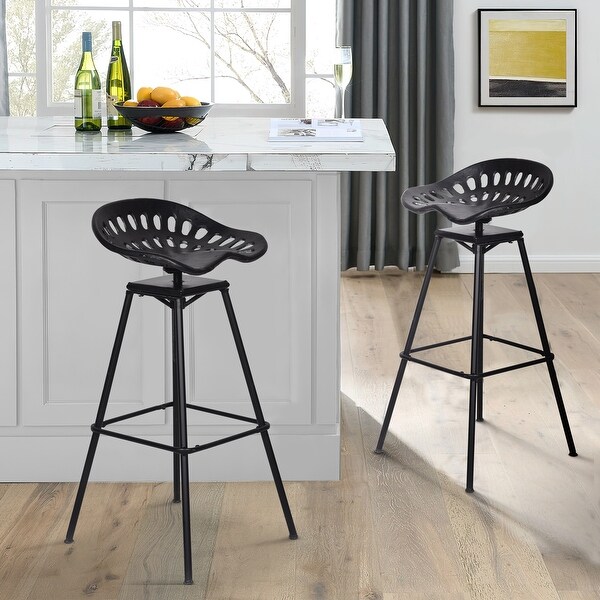 38 Inch Industrial Metal Barstool with Footrest， Swivel， Adjustable Seat Height， Angled Legs， Black