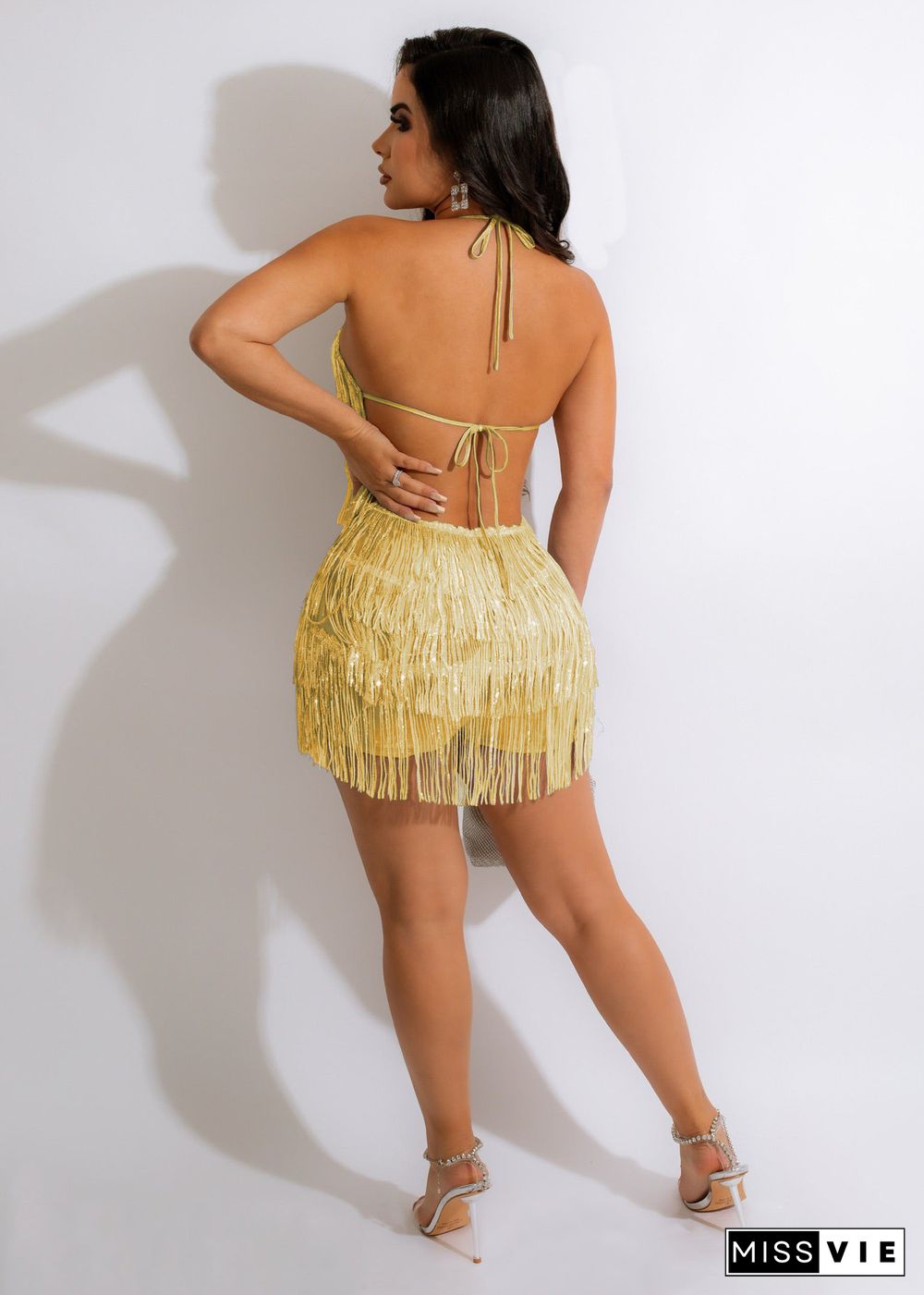 Sequin Tassel Fringed Backless Lace-up Party Rompers