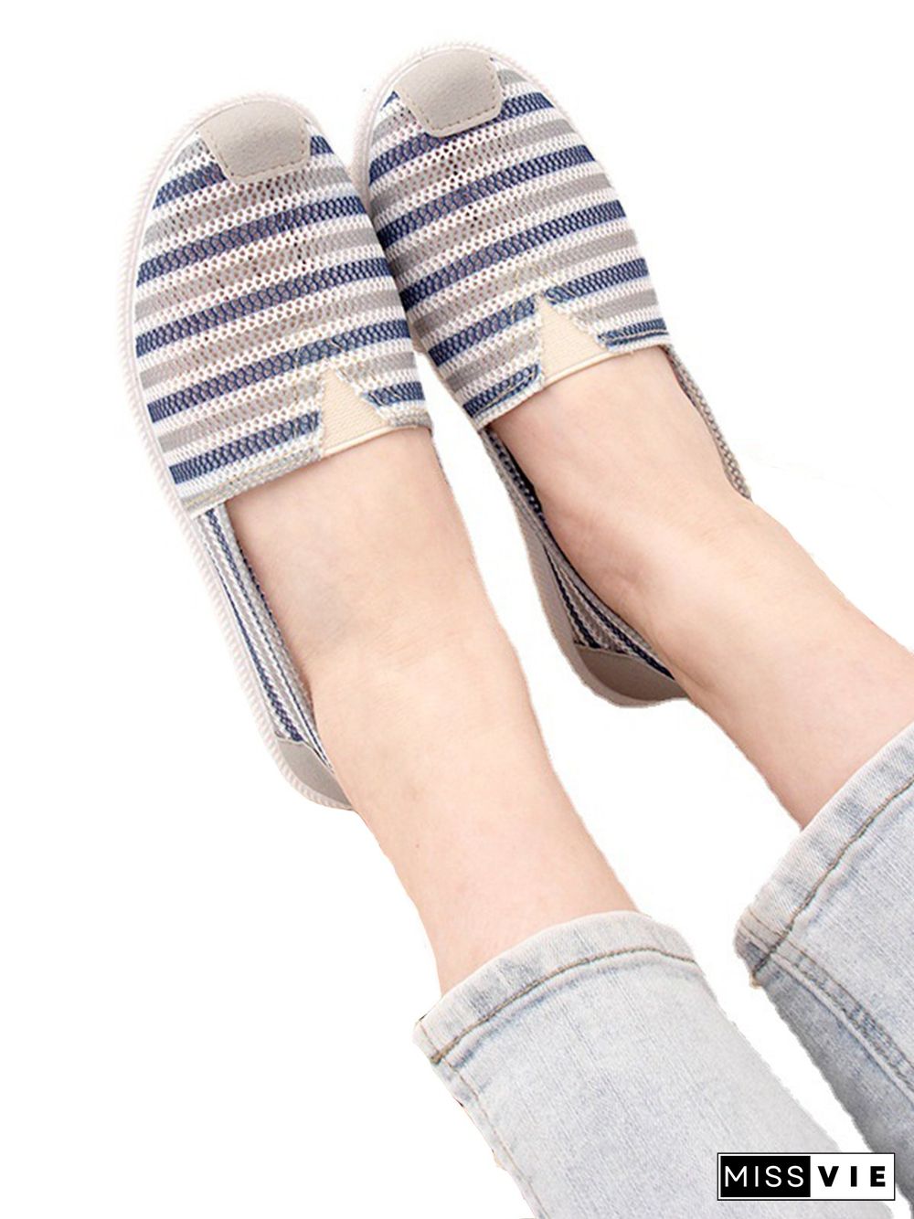 Striped Print Non-slip Soft Sole Round Toe Pumps Canvas Flats