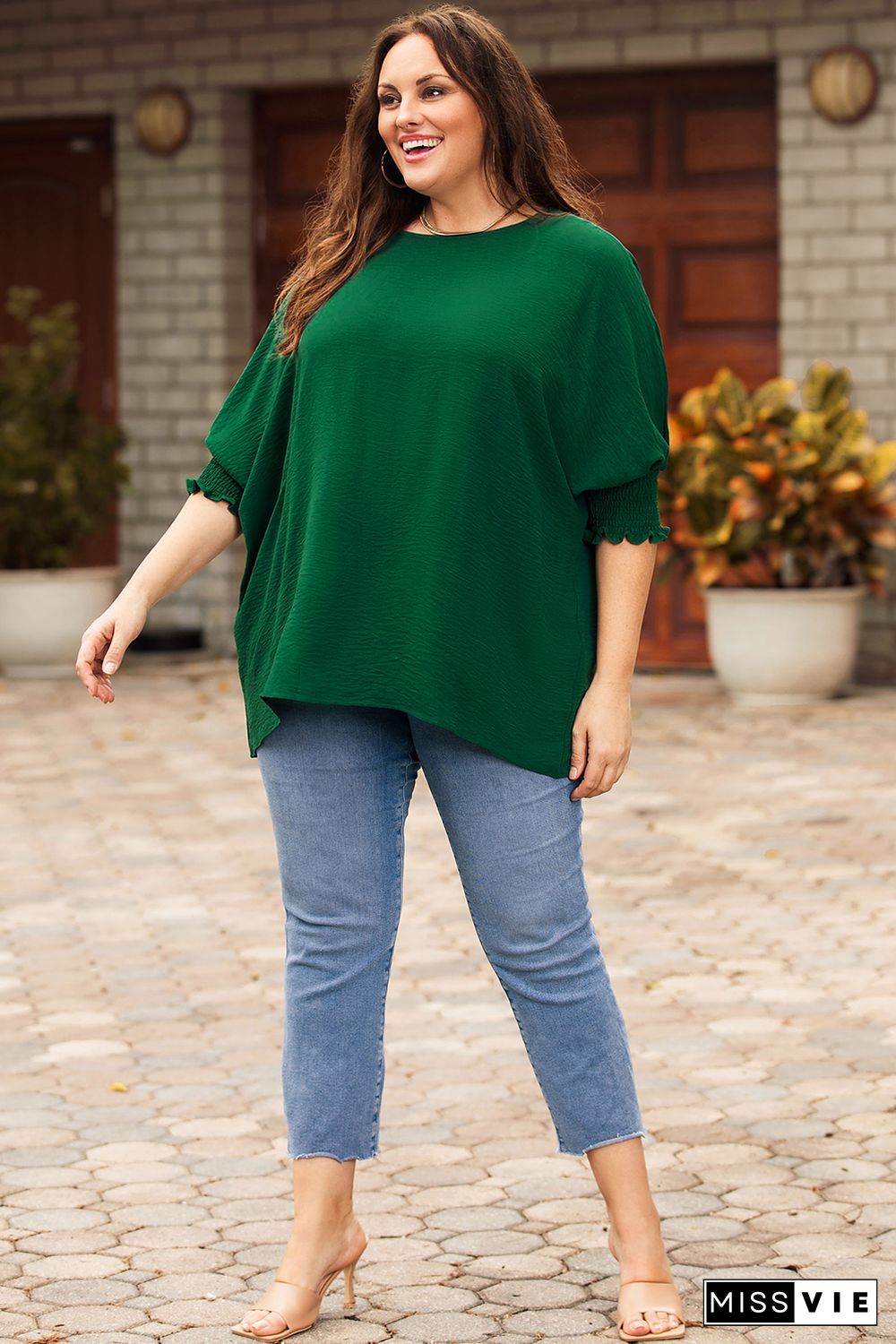 Green Crinkle Texture Puff Sleeve Plus Size Top