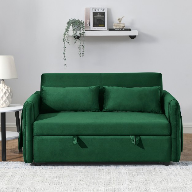 Pull Out Sleeper Sofa Bed Velvet Upholstered Loveseat Sofa With Adjustable Backrest And Pillows modernluxe