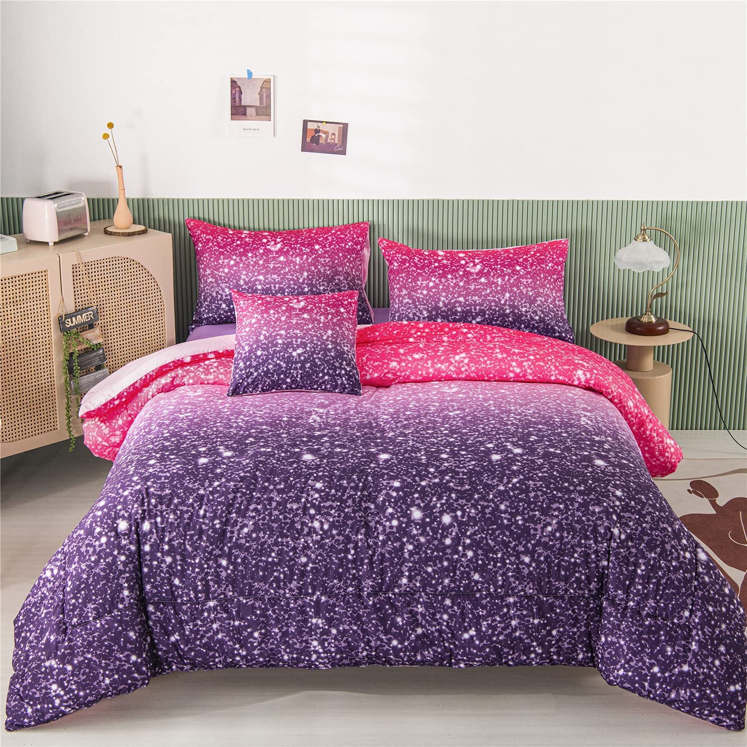 PERFEMET 6Pcs Twin Gradient Pink Purple Glitter Comforter Sets for Teens Girls Kids， Colorful Rainbow Glitter Themed Bedding Set