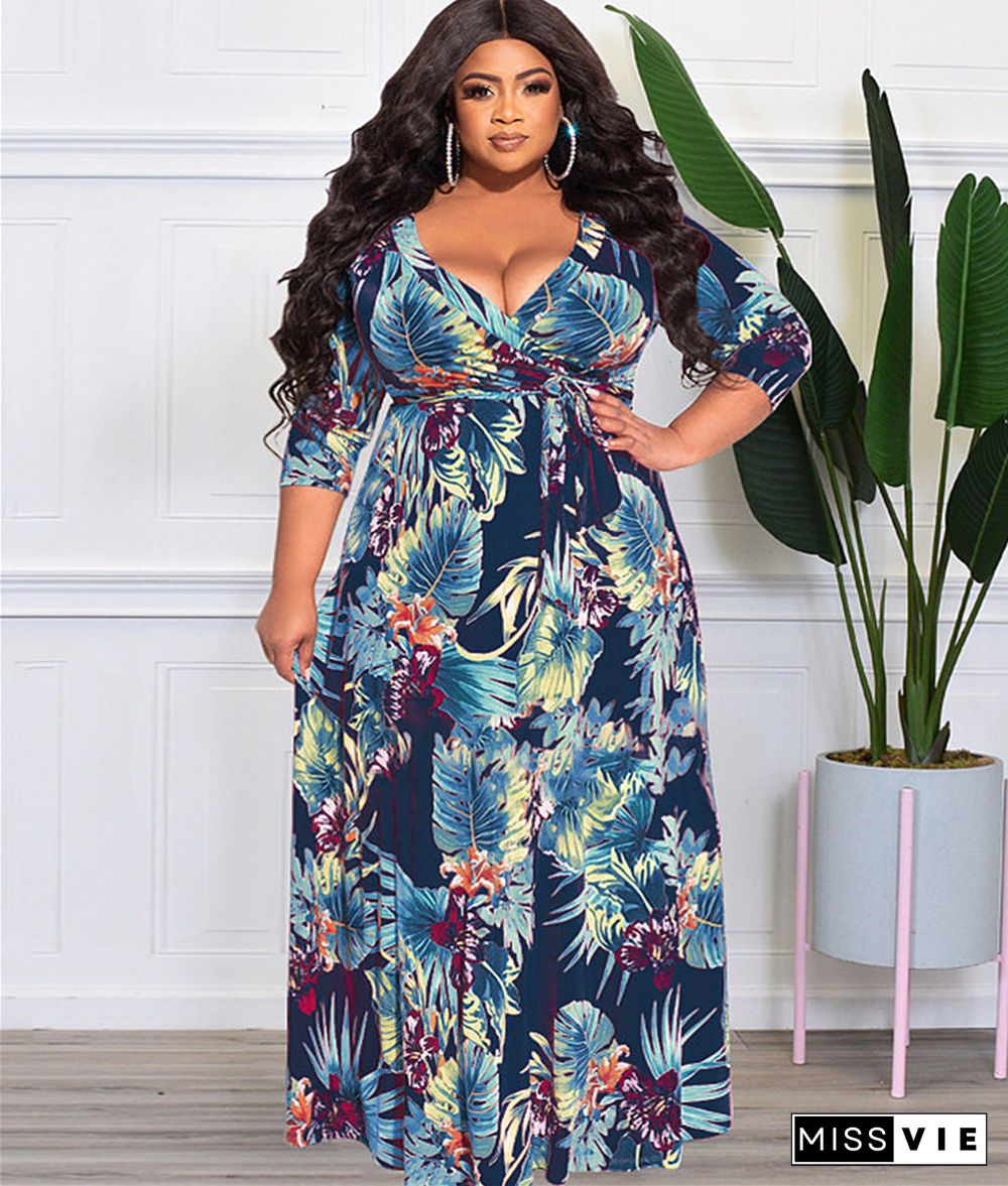 V Neck High Waist Vintage Plus Size Maxi Dress