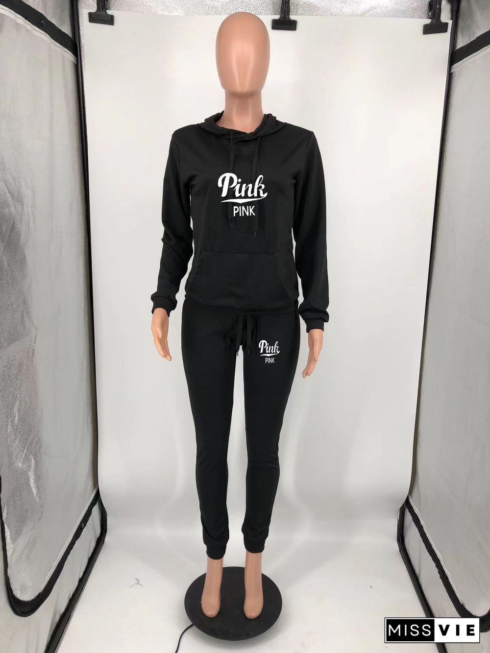 PINK Letter Printed Hooded Pullover 2 Piece Pants Set