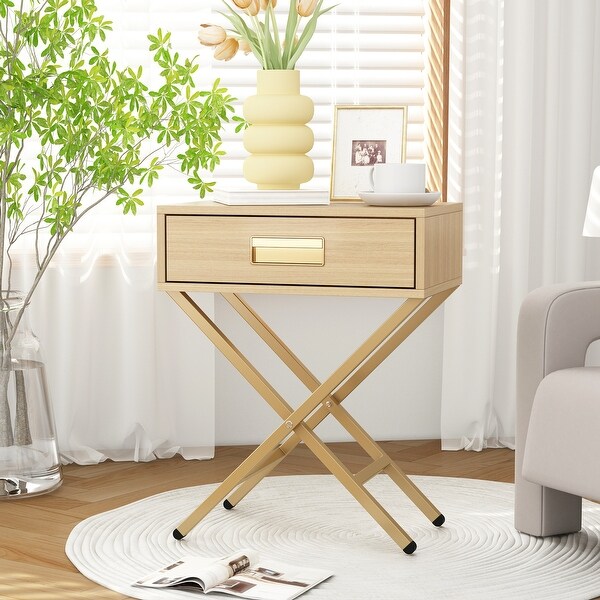 Contemporary Yellow Wood Side Table with Drawer and Wooden XLegs