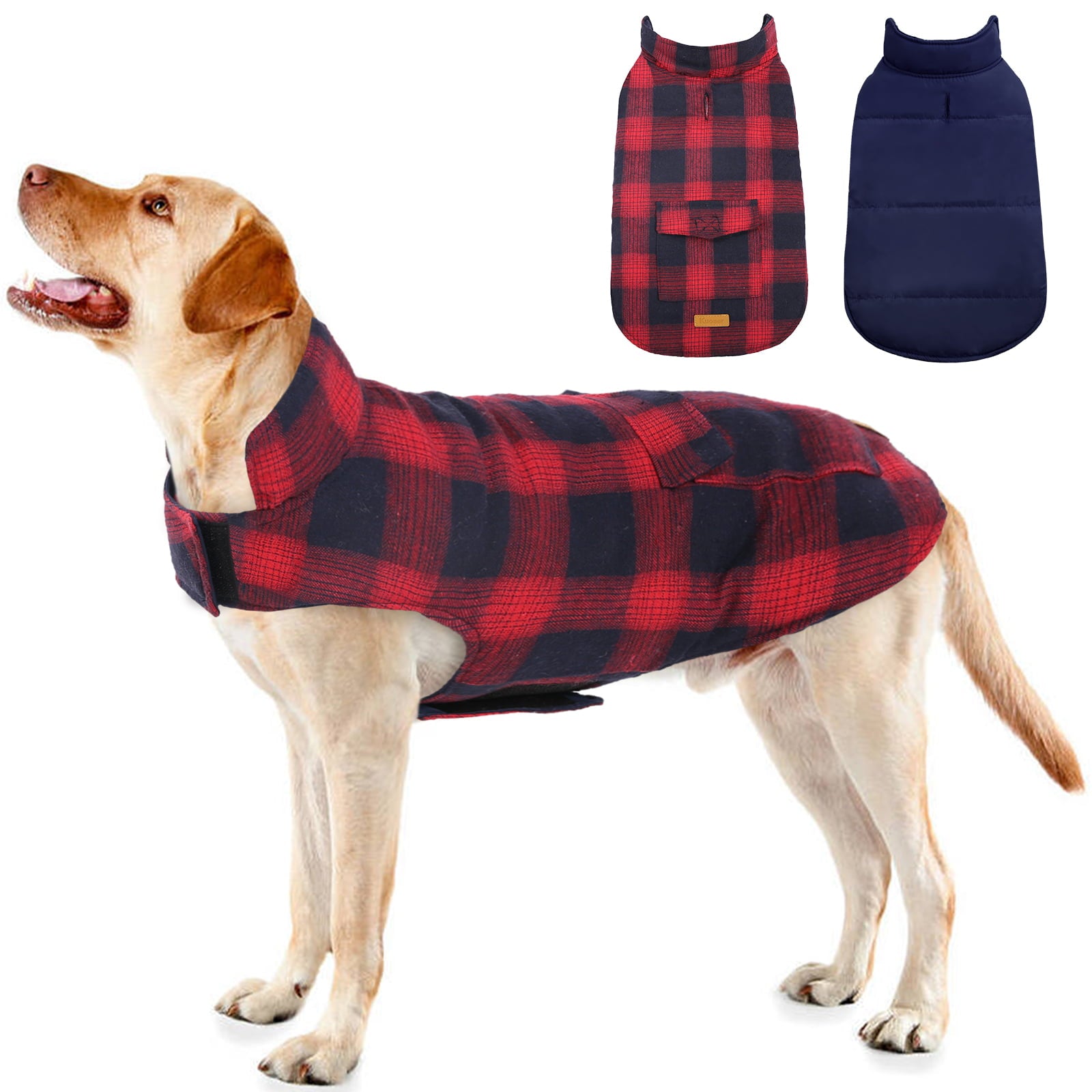 Kuoser Polyester Plaid Winter Dog Coat and Jacket， Red， XS