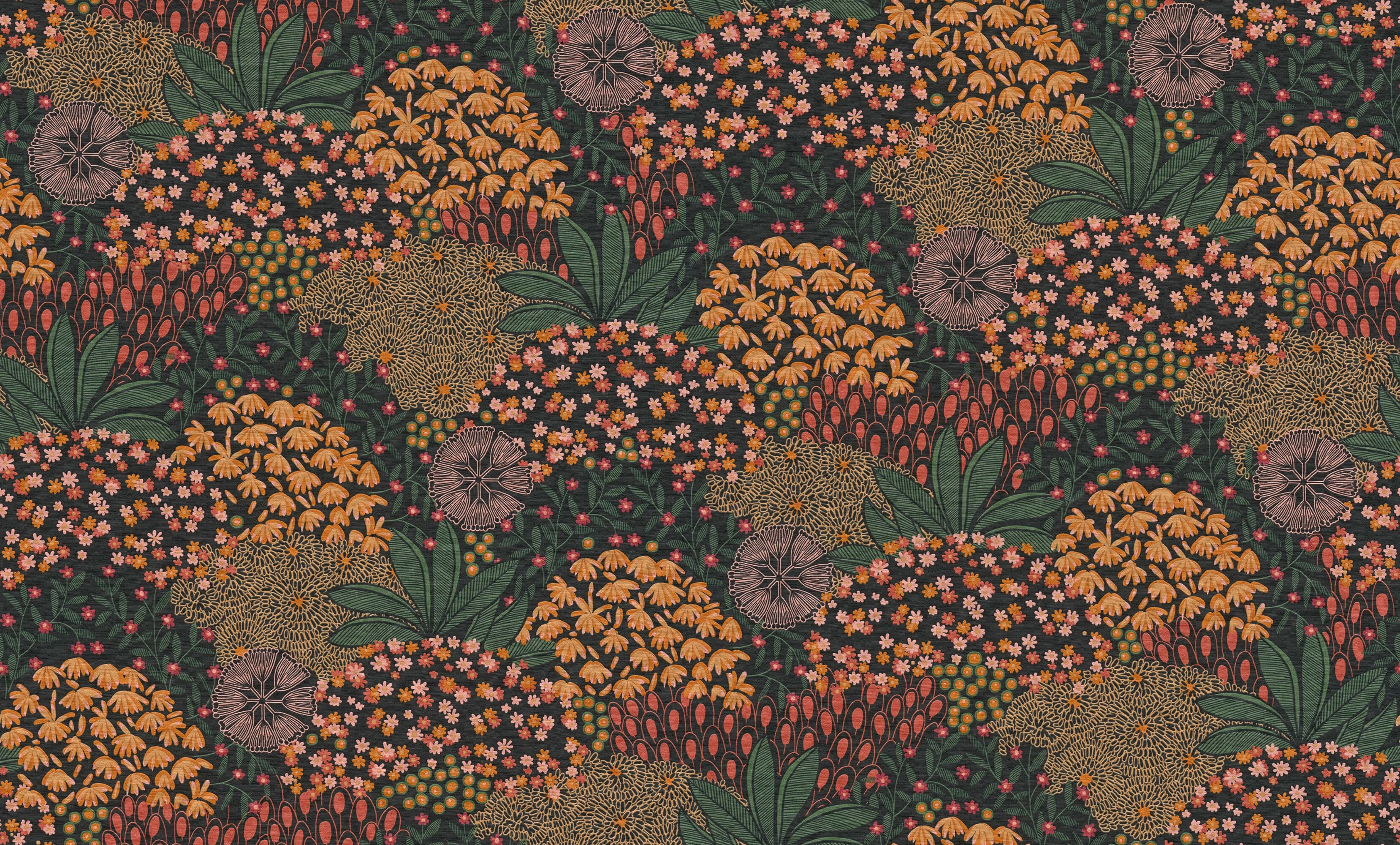 Forest Bloom Motif Wallpaper in Orange/Green/Black