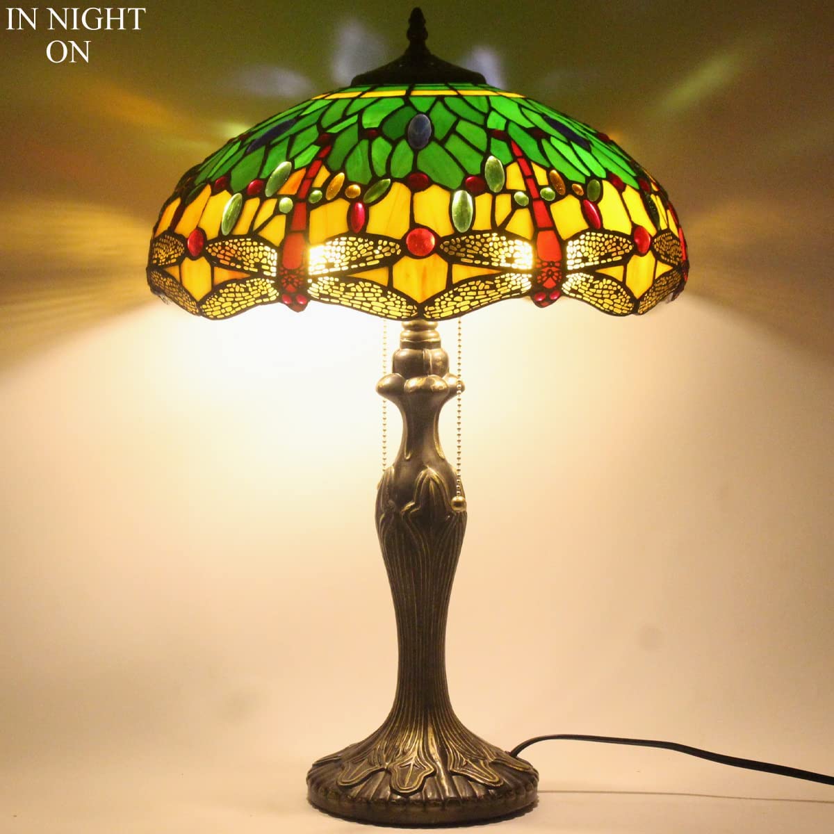 Tiffany Lamp Stained Glass Bedside Table Lamp Green Yellow Dragonfly 16X16X24 Inches Desk Reading Light Metal Base Decor Bedroom Living Room Home Office S009G Series