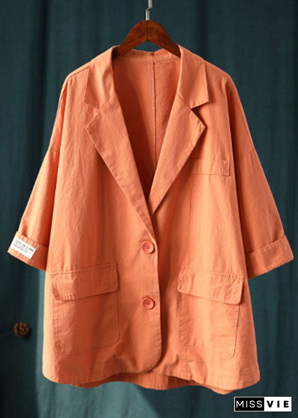 Handmade Orange Loose Button Pockets Fall Coats Long Sleeve