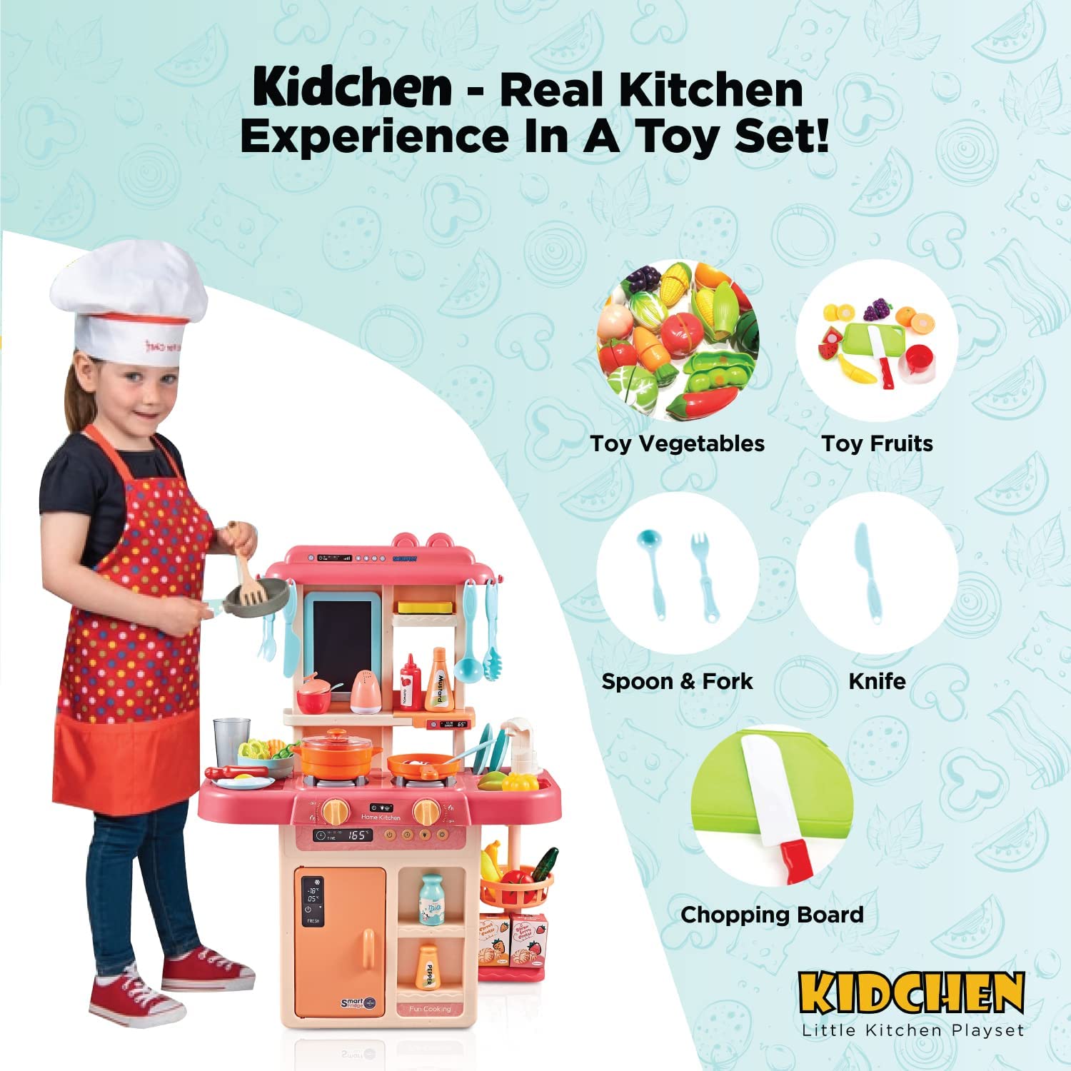 Surefect - Kitchen Play Set with Accessories- Mini Kitchen Set with Realistic Light Sound Steam Simulation- Indoor Games Kitchen Cooking Playset with Water Outlet- Toys for Toddlers Children and Girls