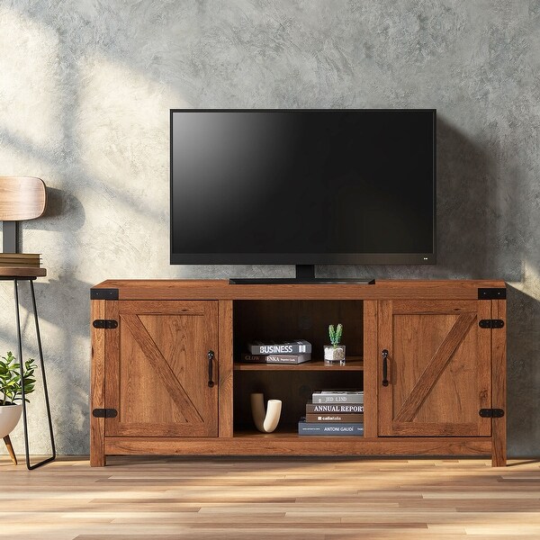 Sliding Barn Door TV Stand，Storage Wood Media Console Table Cabinet Adjustable Shelf for TVs up to 65