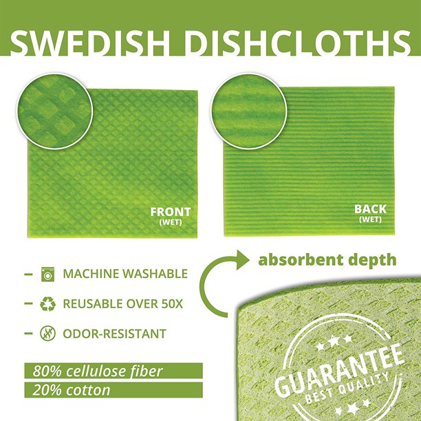 Swedish Dishcloth for Kitchen (Bulk Pack of 12) – Reusable Cellulose Sponge Cloths for Cleaning – Eco Friendly， No Odor， Washable， Absorbent Cleaning Cloth Hand Towel (Green)