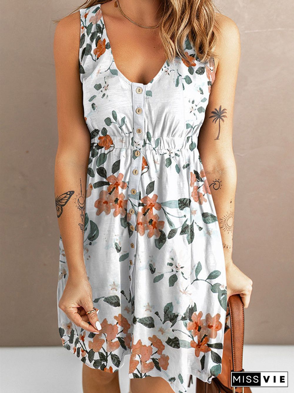 Women's Floral Printed Sleeveless V-neck Casual Loosen Midi Dress