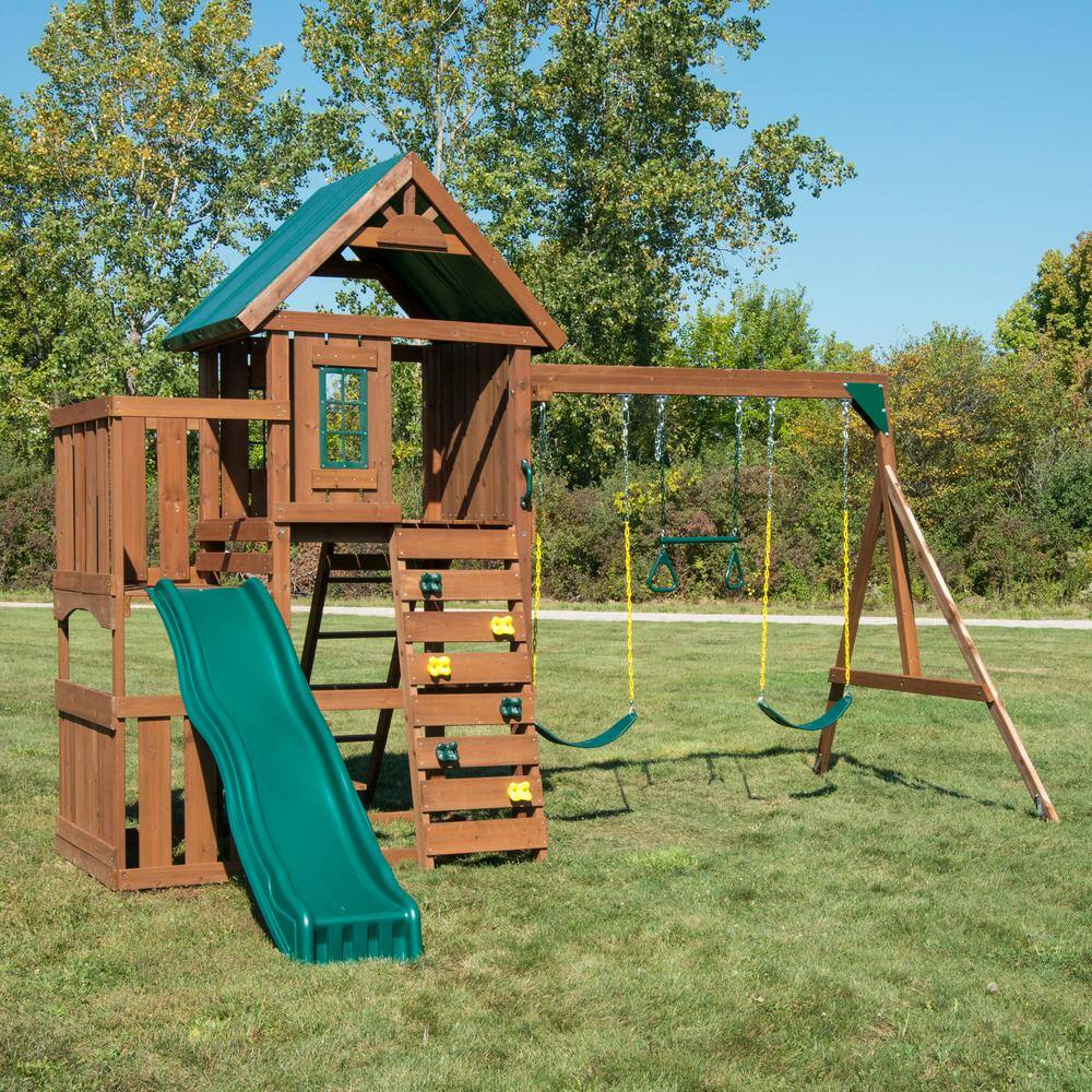 Swing-N-Slide Playsets Elkhorn Ready-To-Assemble Outdoor Wooden Playset with Slide Rock Wall Swings and Backyard Swing Set Accessories WS 8357