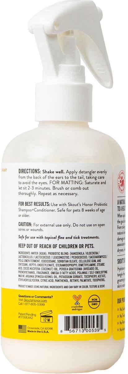 Skout's Honor Probiotic Honeysuckle Daily Use Pet Detangler， 8-oz bottle