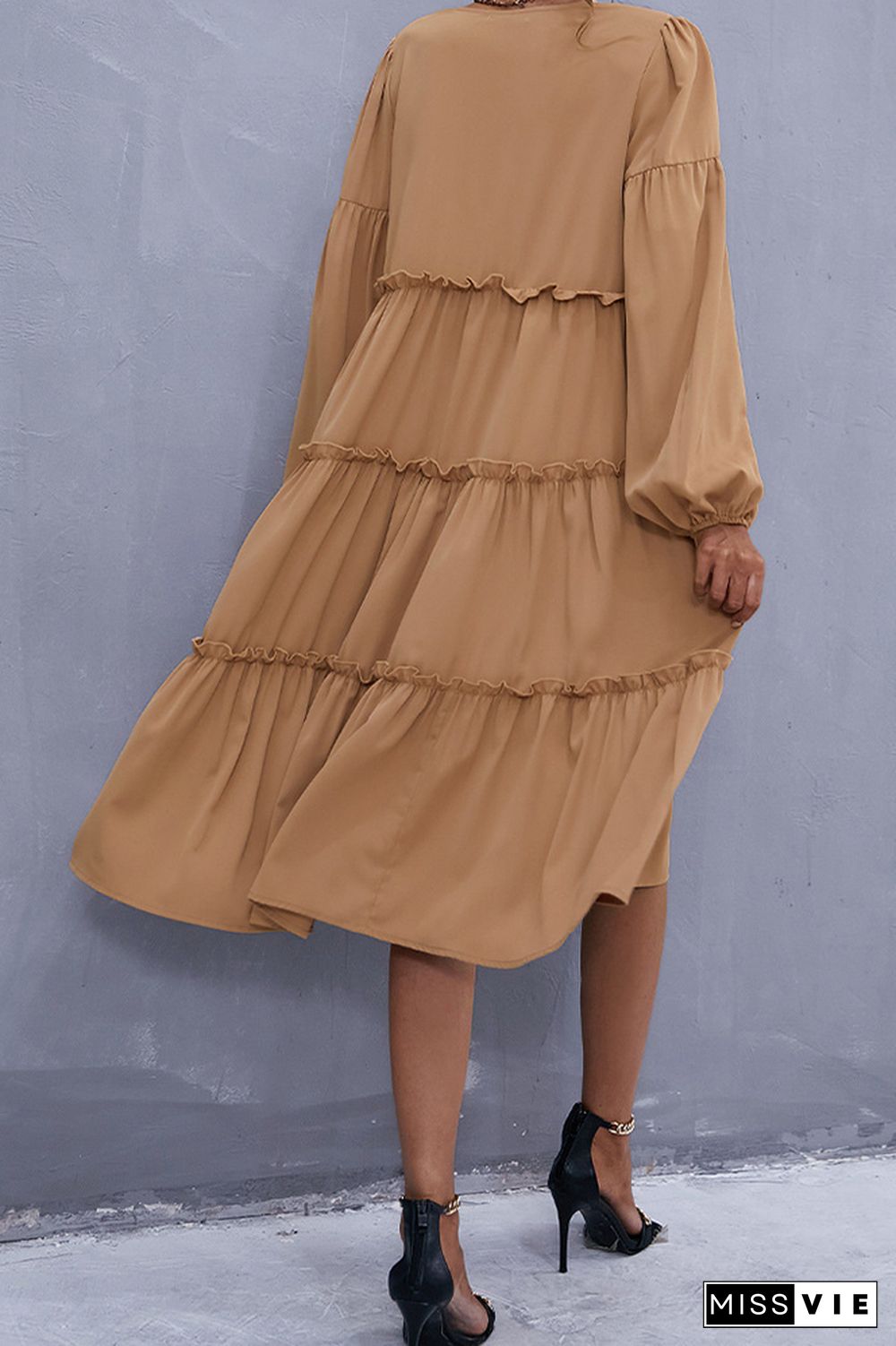 Ruffle V-neck Long Sleeve Dress with Belt Wholesale