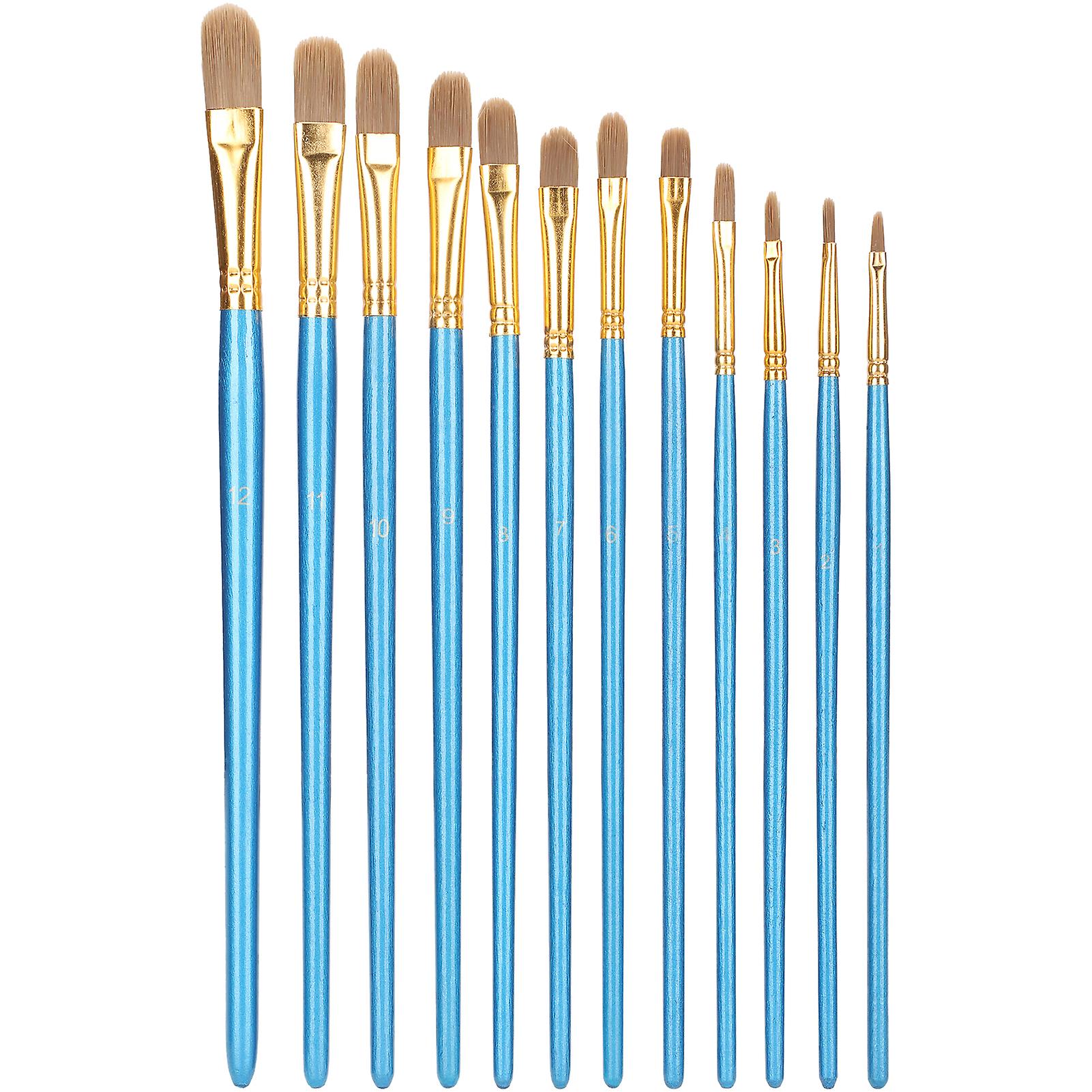 12pcs Round Tip Nylon Brushes Set Blue Wooden Penholder Aluminium Tube Artist Drawing Tools