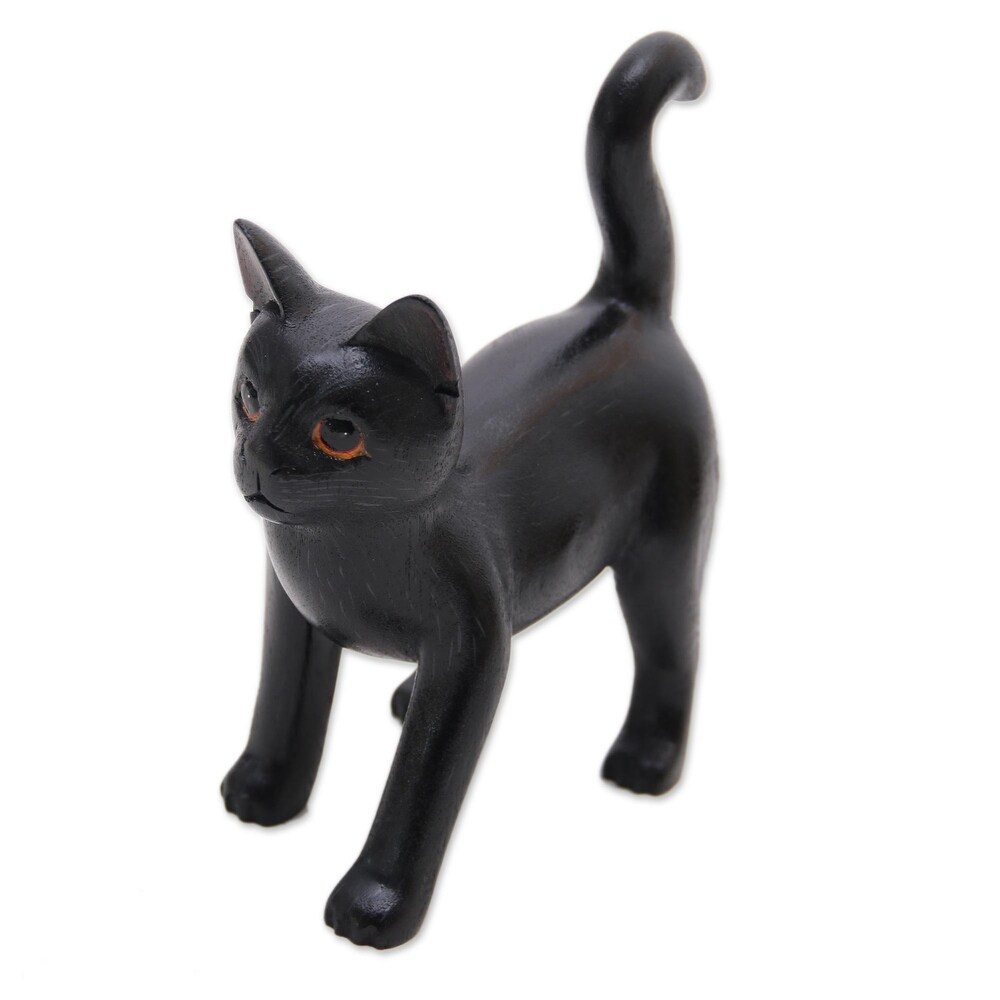 Handmade Curious Kitten In Black Wood Sculpture (Indonesia)   7.25\