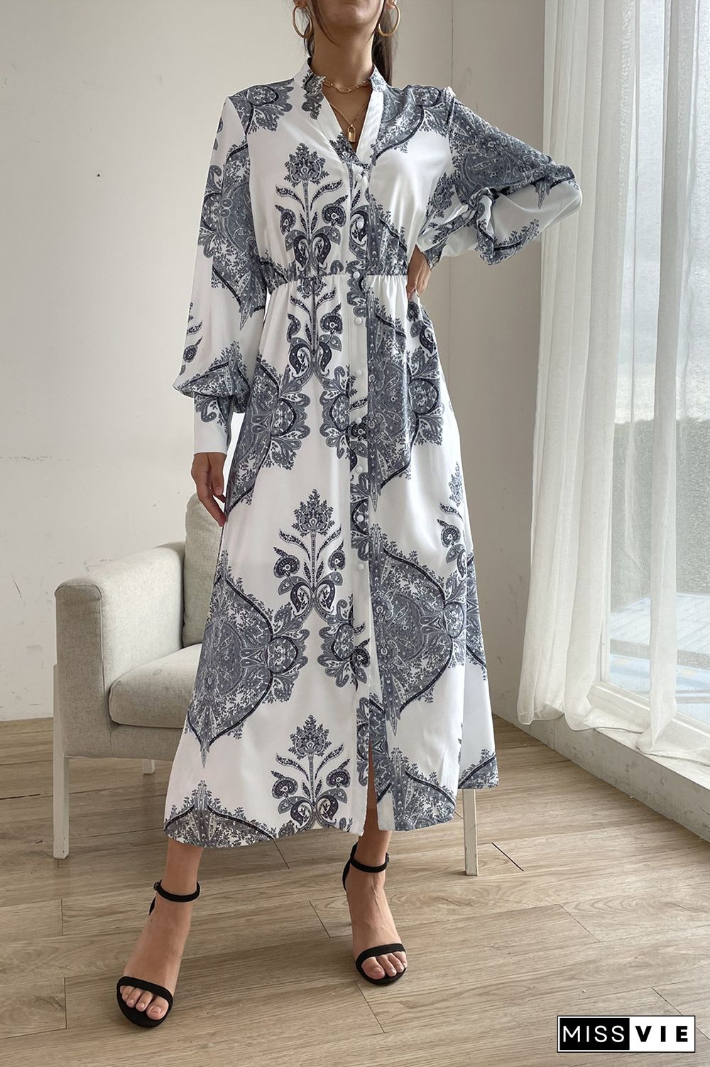 Puffy Sleeves Paisley Print Open Button Maxi Dress