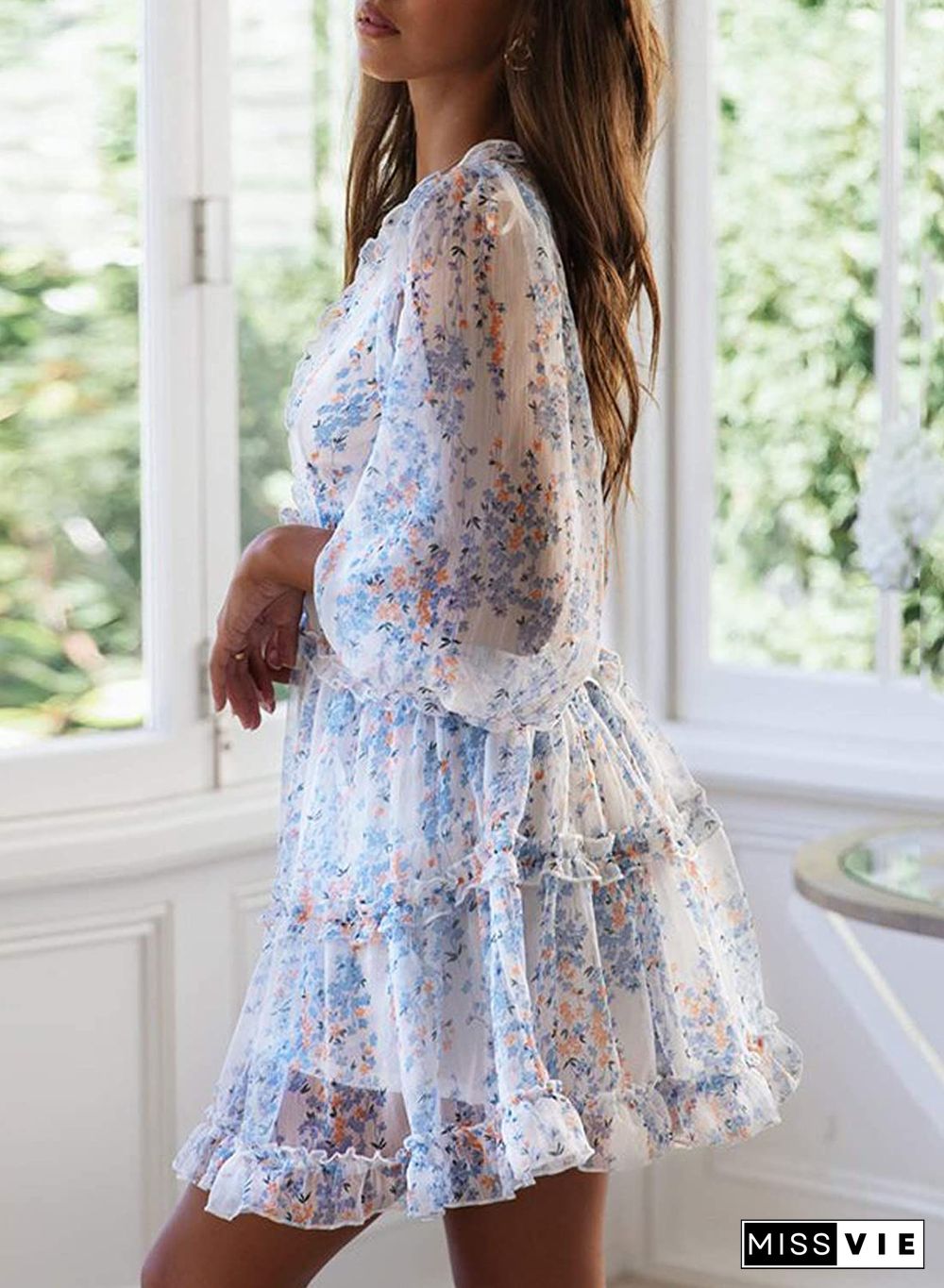 Ditsy Floral Prints Ruffle Edge Tiered Long Sleeve Boho Dress